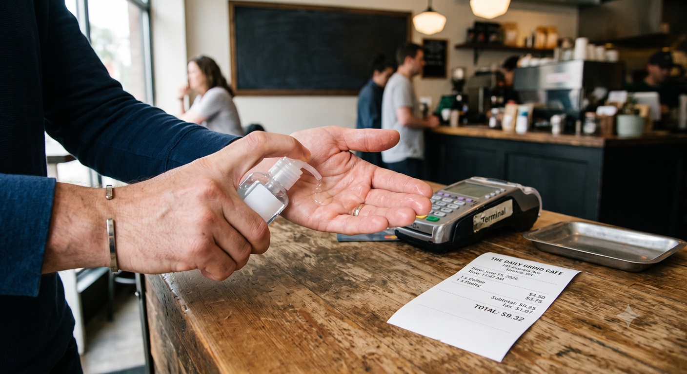 Close-up of hands with hand sanitizer, with a receipt visible on the counter nearby