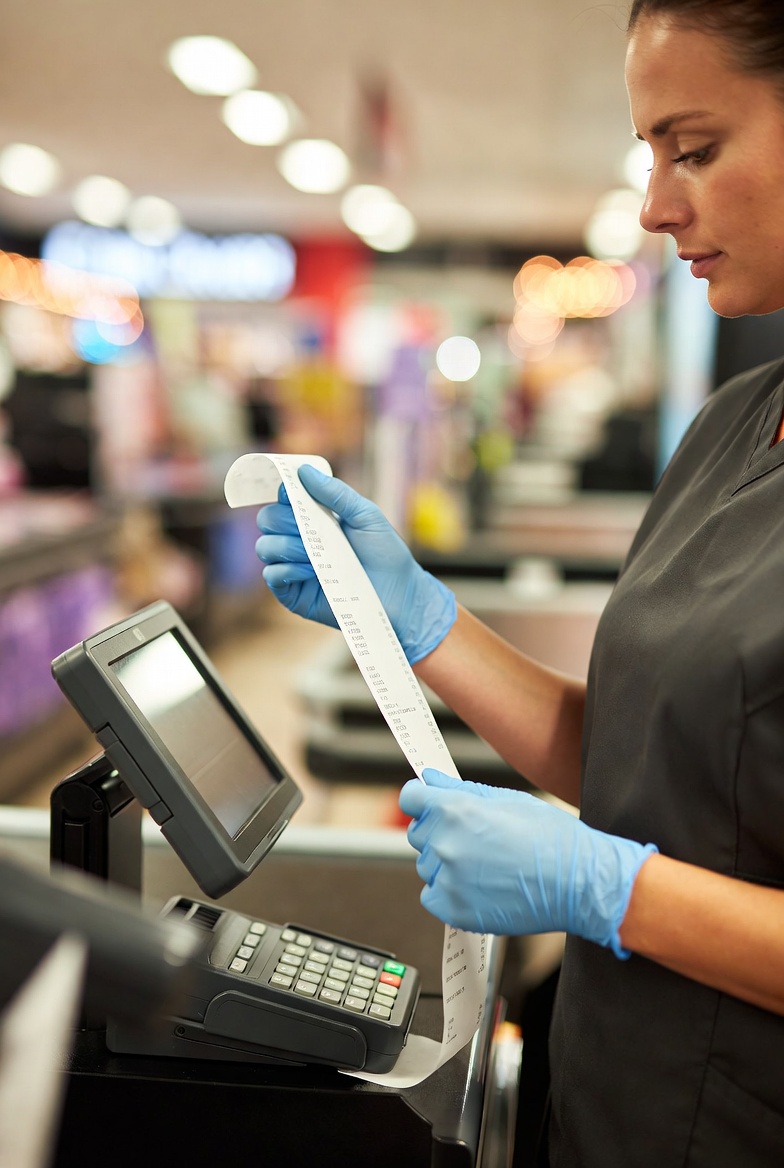 Retail worker wearing nitrile gloves at a point-of-sale terminal