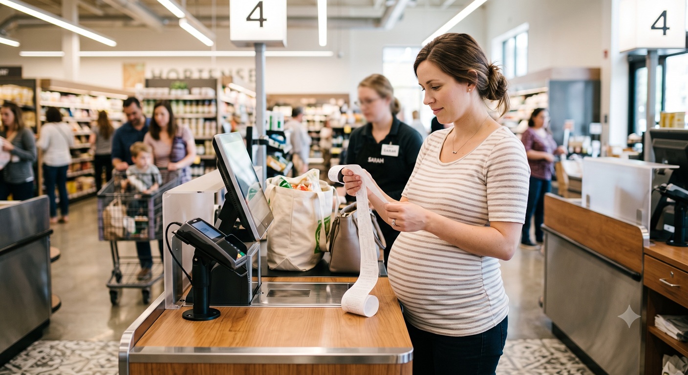 Pregnant woman at a retail checkout counter holding a receipt